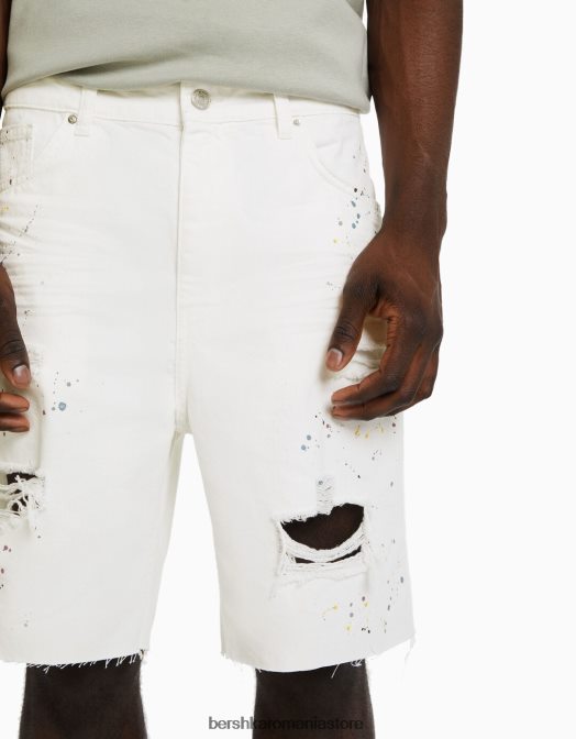 Bershka bărbați bermude din denim rupte cu stropi de vopsea alb Z86D3333 îmbrăcăminte