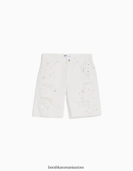 Bershka bărbați bermude din denim rupte cu stropi de vopsea alb Z86D3333 îmbrăcăminte