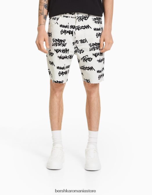 Bershka bărbați bermude din denim rupte imprimate alb Z86D3335 îmbrăcăminte