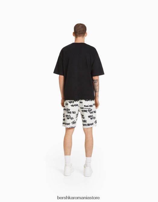 Bershka bărbați bermude din denim rupte imprimate alb Z86D3335 îmbrăcăminte