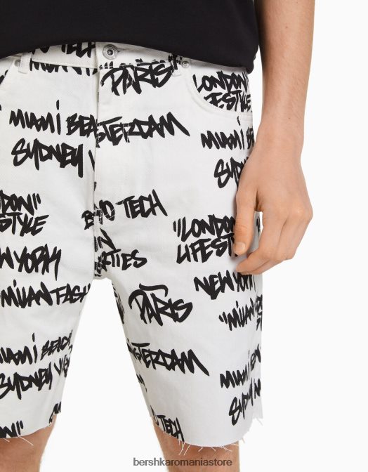 Bershka bărbați bermude din denim rupte imprimate alb Z86D3335 îmbrăcăminte