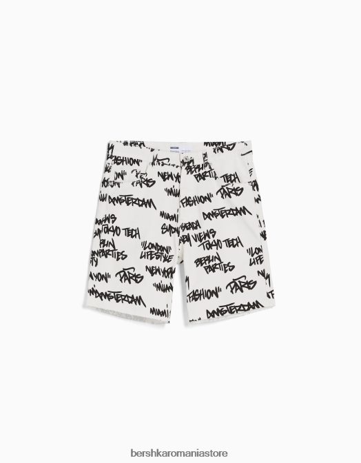 Bershka bărbați bermude din denim rupte imprimate alb Z86D3335 îmbrăcăminte