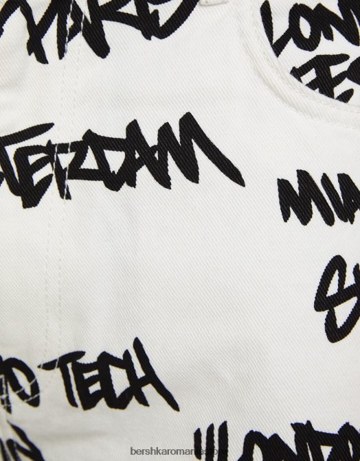 Bershka bărbați bermude din denim rupte imprimate alb Z86D3335 îmbrăcăminte