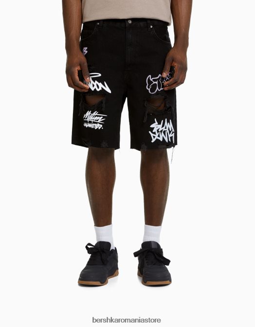 Bershka bărbați bermude din denim rupte imprimate negru Z86D3334 îmbrăcăminte