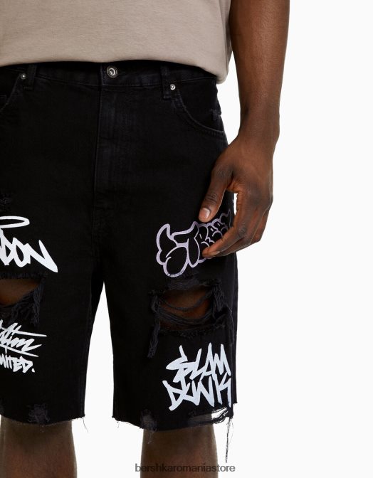 Bershka bărbați bermude din denim rupte imprimate negru Z86D3334 îmbrăcăminte