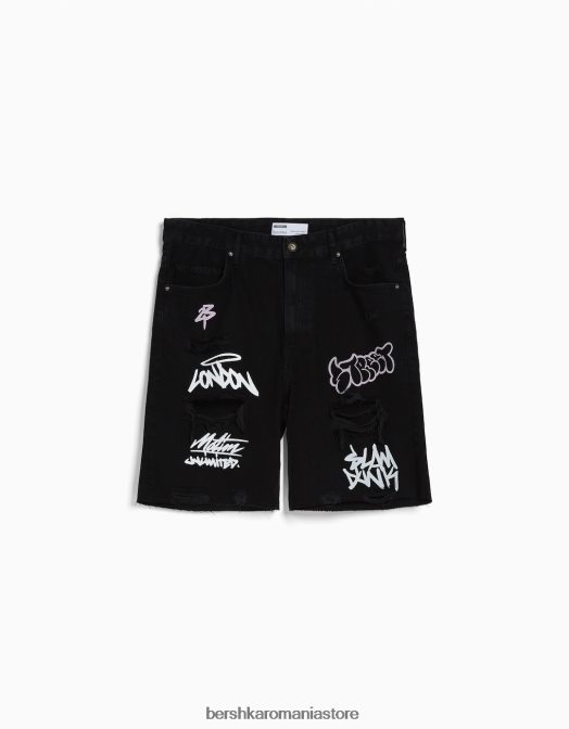Bershka bărbați bermude din denim rupte imprimate negru Z86D3334 îmbrăcăminte