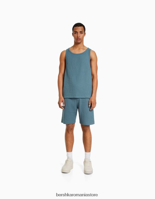 Bershka bărbați pantaloni scurți bermude cu textură vafre de pluș albastru Z86D3367 îmbrăcăminte