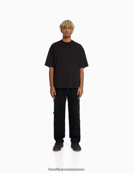 Bershka bărbați pantaloni cargo din nailon cu fir de contrast negru Z86D3243 îmbrăcăminte