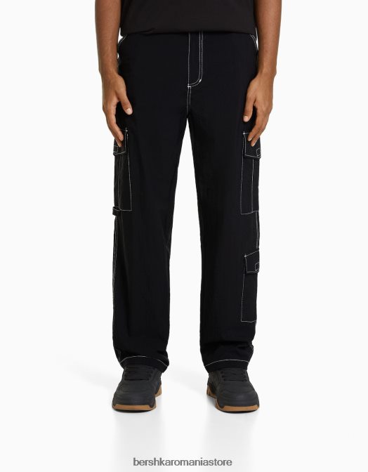 Bershka bărbați pantaloni cargo din nailon cu fir de contrast negru Z86D3243 îmbrăcăminte