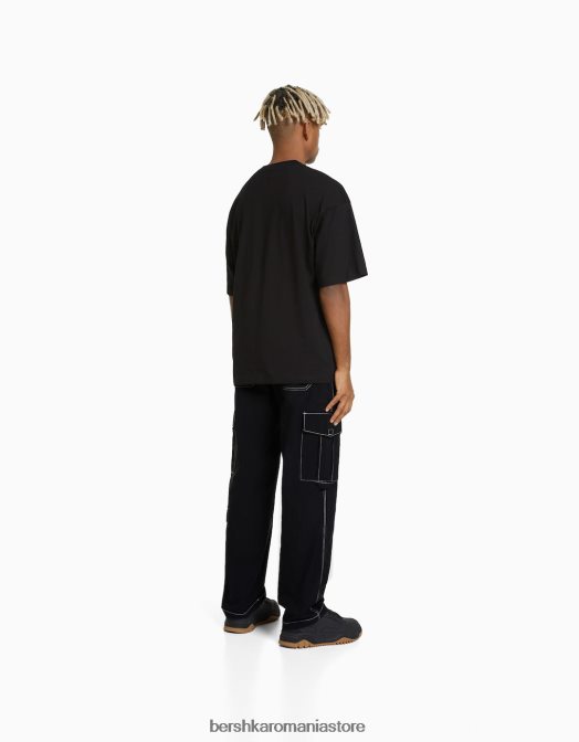Bershka bărbați pantaloni cargo din nailon cu fir de contrast negru Z86D3243 îmbrăcăminte