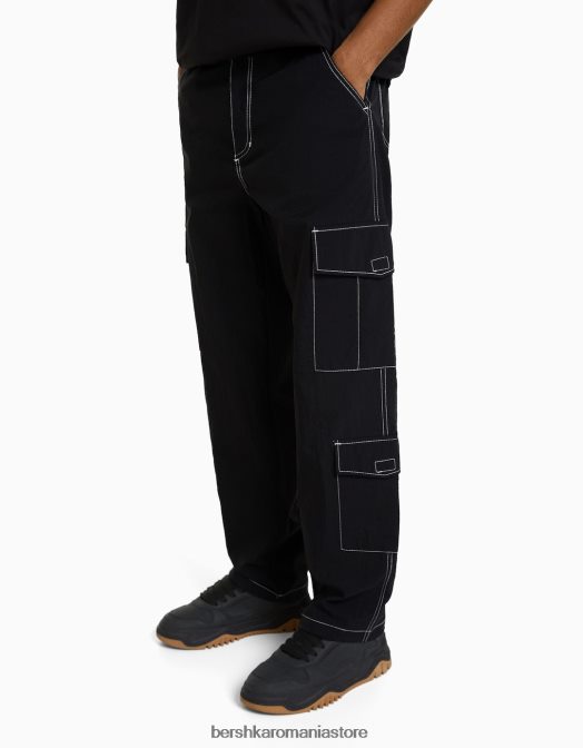 Bershka bărbați pantaloni cargo din nailon cu fir de contrast negru Z86D3243 îmbrăcăminte