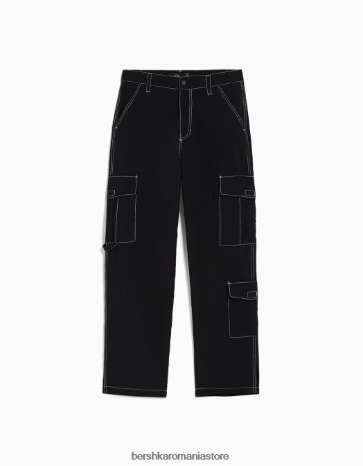 Bershka bărbați pantaloni cargo din nailon cu fir de contrast negru Z86D3243 îmbrăcăminte