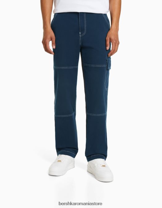 Bershka bărbați pantaloni cargo largi cu cusături contrastante albastru inchis Z86D3251 îmbrăcăminte