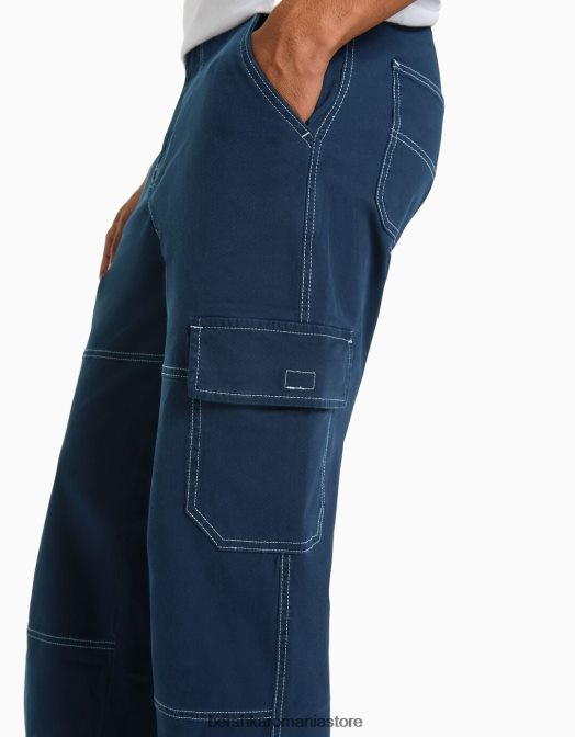 Bershka bărbați pantaloni cargo largi cu cusături contrastante albastru inchis Z86D3251 îmbrăcăminte