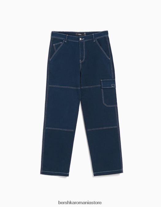 Bershka bărbați pantaloni cargo largi cu cusături contrastante albastru inchis Z86D3251 îmbrăcăminte