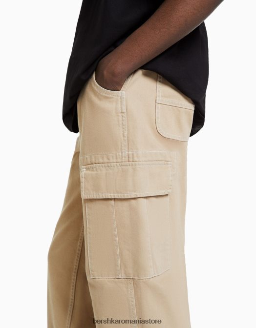 Bershka bărbați pantaloni cargo largi cu cusături contrastante cămilă Z86D3258 îmbrăcăminte