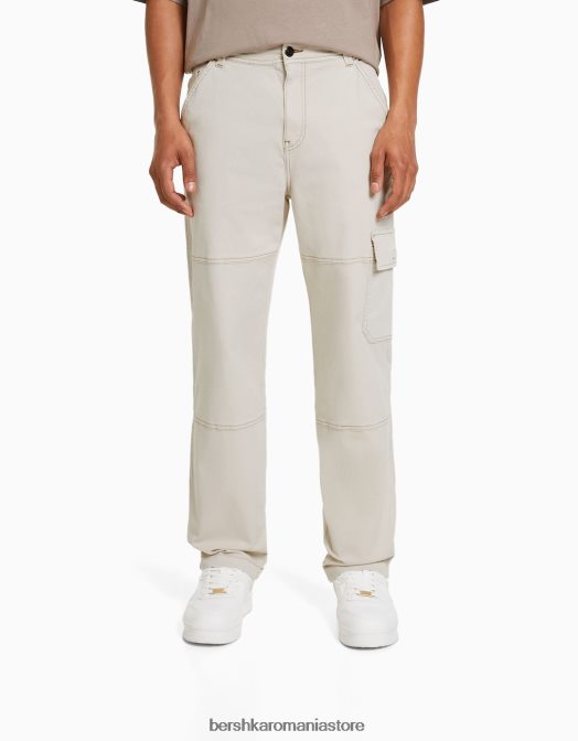 Bershka bărbați pantaloni cargo largi cu cusături contrastante cremă Z86D3250 îmbrăcăminte