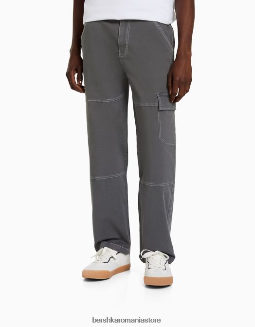 Bershka bărbați pantaloni cargo largi cu cusături contrastante gri inchis Z86D3249 îmbrăcăminte