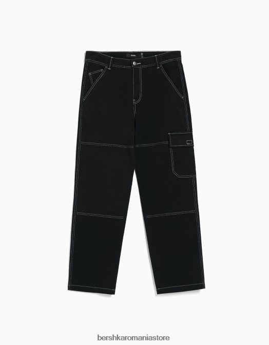 Bershka bărbați pantaloni cargo largi cu cusături contrastante negru Z86D3248 îmbrăcăminte