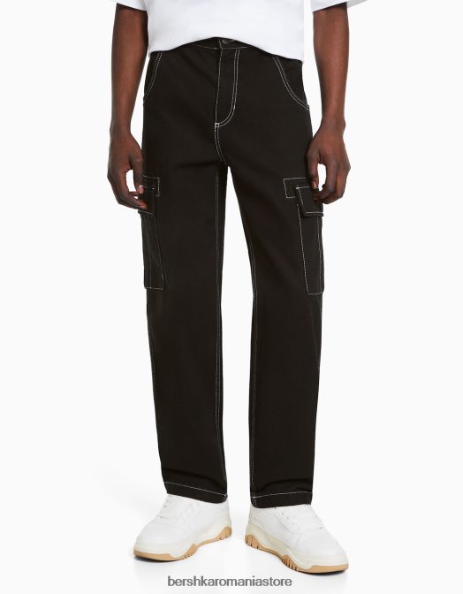 Bershka bărbați pantaloni cargo largi cu cusături contrastante negru Z86D3256 îmbrăcăminte