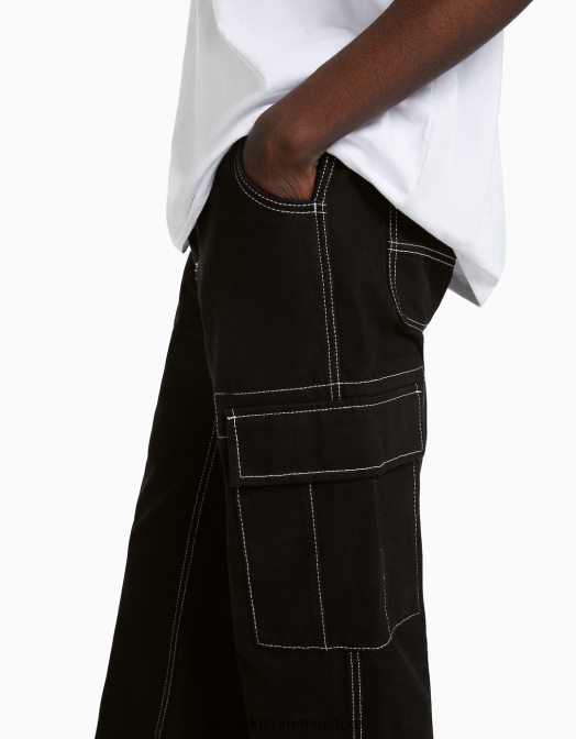 Bershka bărbați pantaloni cargo largi cu cusături contrastante negru Z86D3256 îmbrăcăminte