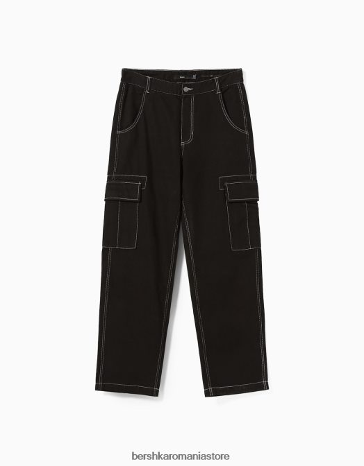 Bershka bărbați pantaloni cargo largi cu cusături contrastante negru Z86D3256 îmbrăcăminte