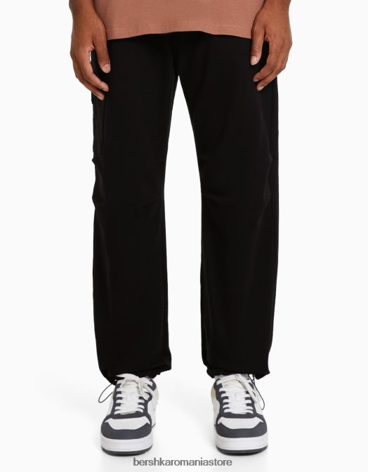 Bershka bărbați pantaloni de pluș cu parașuta cu buzunare cu fermoar negru Z86D3232 îmbrăcăminte