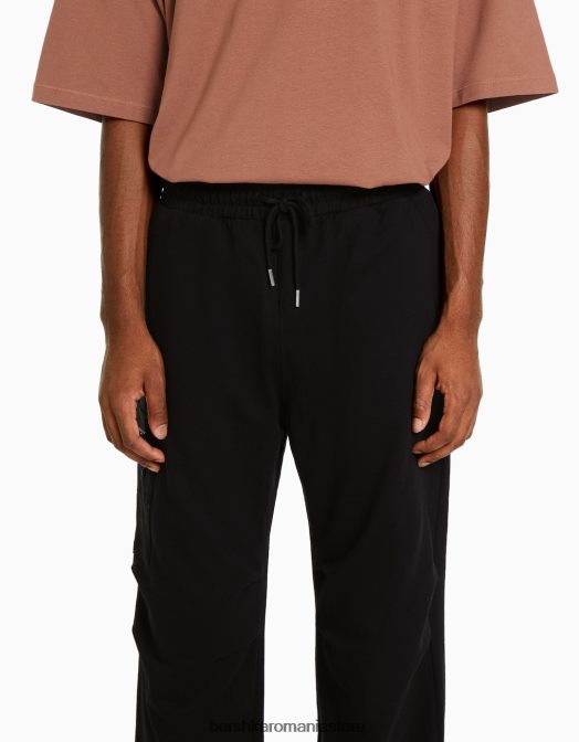 Bershka bărbați pantaloni de pluș cu parașuta cu buzunare cu fermoar negru Z86D3232 îmbrăcăminte