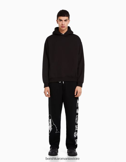 Bershka bărbați pantaloni largi de pluș, cu bandă elastică în talie și imprimeu negru Z86D3238 îmbrăcăminte