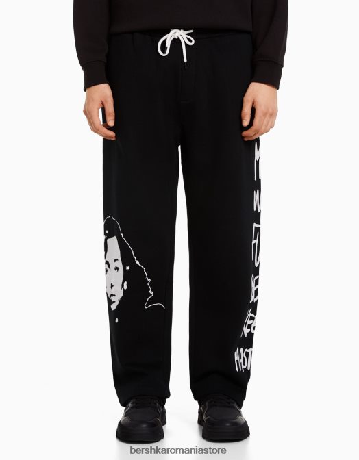 Bershka bărbați pantaloni largi de pluș, cu bandă elastică în talie și imprimeu negru Z86D3238 îmbrăcăminte