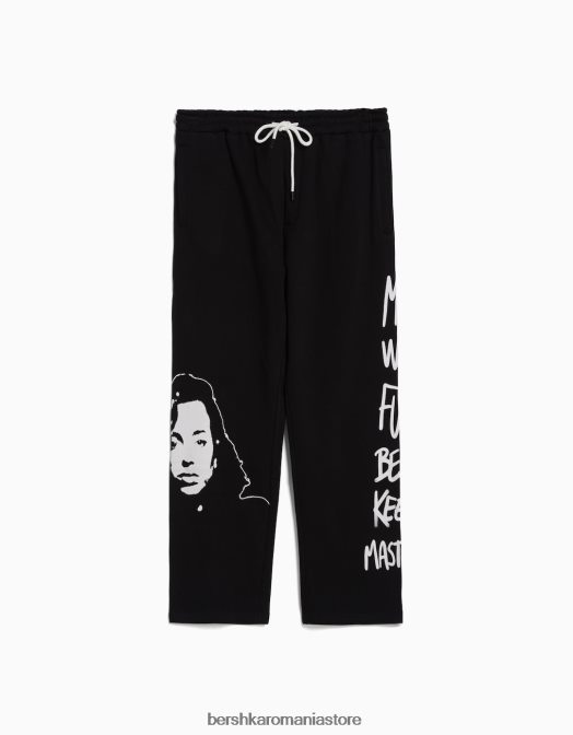Bershka bărbați pantaloni largi de pluș, cu bandă elastică în talie și imprimeu negru Z86D3238 îmbrăcăminte