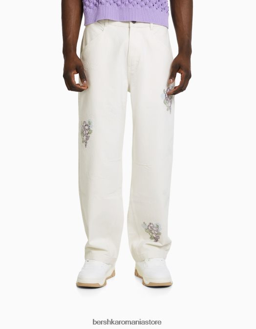 Bershka bărbați pantaloni rupti din bumbac brodat alb Z86D3264 îmbrăcăminte