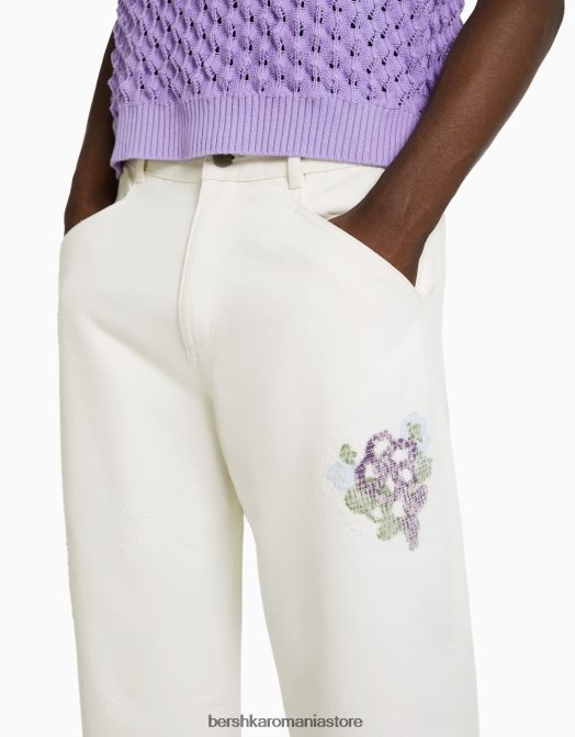 Bershka bărbați pantaloni rupti din bumbac brodat alb Z86D3264 îmbrăcăminte