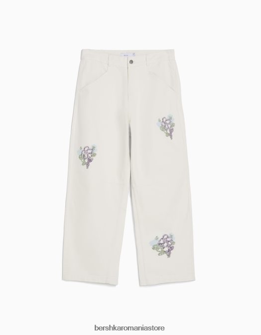 Bershka bărbați pantaloni rupti din bumbac brodat alb Z86D3264 îmbrăcăminte