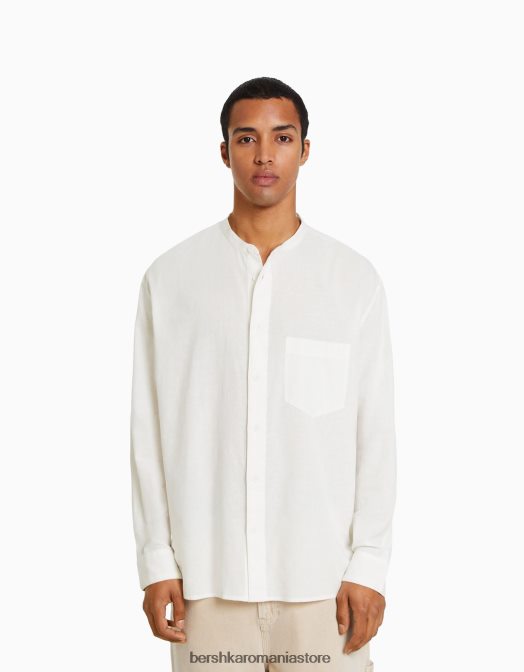 Bershka bărbați cămașă cu mânecă lungă din amestec de in alb Z86D2895 îmbrăcăminte