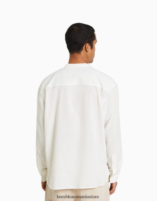 Bershka bărbați cămașă cu mânecă lungă din amestec de in alb Z86D2895 îmbrăcăminte