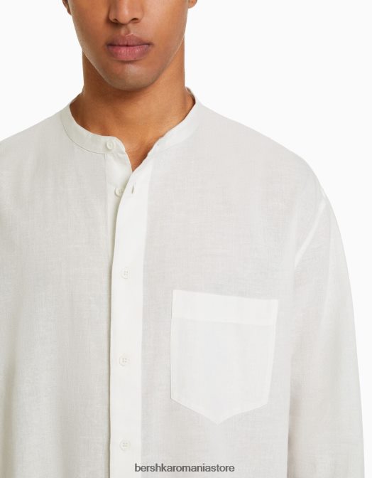Bershka bărbați cămașă cu mânecă lungă din amestec de in alb Z86D2895 îmbrăcăminte