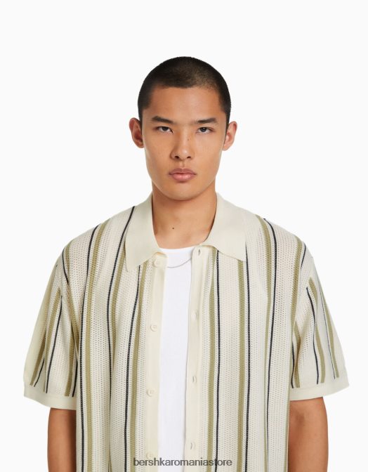 Bershka bărbați cămașă cu mânecă scurtă ajurata în dungi alb Z86D2897 îmbrăcăminte