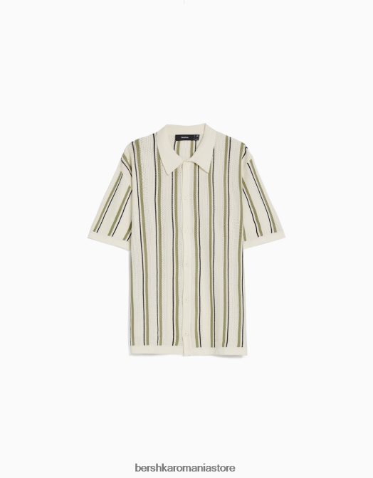 Bershka bărbați cămașă cu mânecă scurtă ajurata în dungi alb Z86D2897 îmbrăcăminte