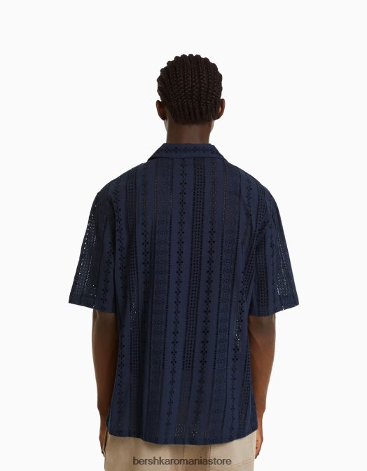 Bershka bărbați cămașă cu mânecă scurtă brodata elvețiană marina Z86D2880 îmbrăcăminte