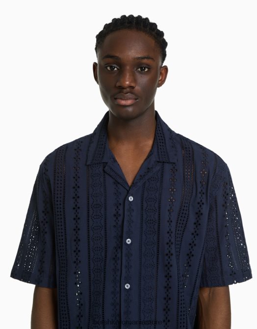 Bershka bărbați cămașă cu mânecă scurtă brodata elvețiană marina Z86D2880 îmbrăcăminte