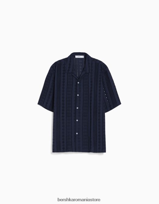 Bershka bărbați cămașă cu mânecă scurtă brodata elvețiană marina Z86D2880 îmbrăcăminte