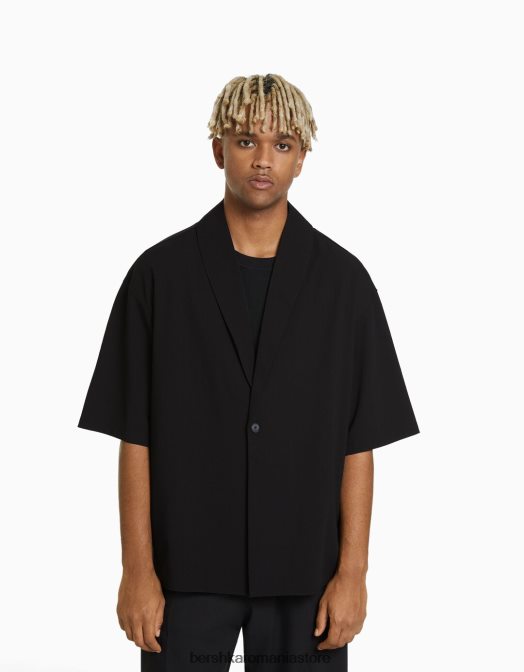 Bershka bărbați cămașă cu mânecă scurtă cu guler negru Z86D3033 îmbrăcăminte