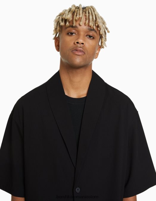 Bershka bărbați cămașă cu mânecă scurtă cu guler negru Z86D3033 îmbrăcăminte