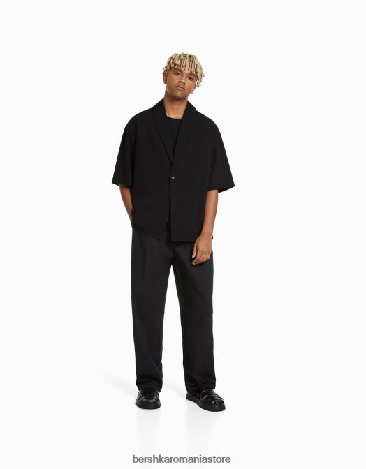 Bershka bărbați cămașă cu mânecă scurtă cu guler negru Z86D3033 îmbrăcăminte