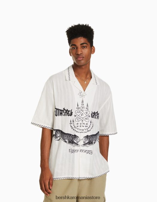 Bershka bărbați cămașă cu mânecă scurtă cu imprimeu brodat cremă Z86D2863 îmbrăcăminte