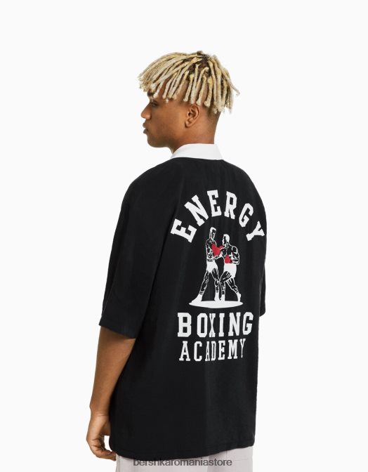 Bershka bărbați cămașă cu mânecă scurtă cu imprimeu de box în contrast negru Z86D2874 îmbrăcăminte