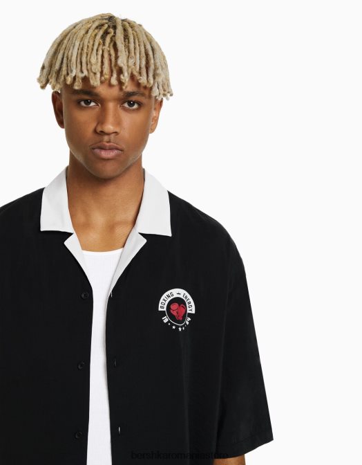 Bershka bărbați cămașă cu mânecă scurtă cu imprimeu de box în contrast negru Z86D2874 îmbrăcăminte