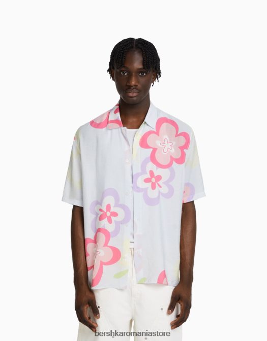 Bershka bărbați cămașă cu mânecă scurtă cu imprimeu floral albastru deschis Z86D2867 îmbrăcăminte