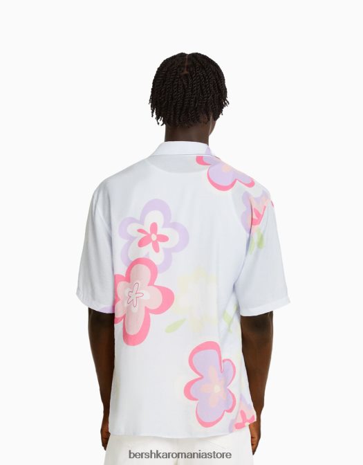 Bershka bărbați cămașă cu mânecă scurtă cu imprimeu floral albastru deschis Z86D2867 îmbrăcăminte